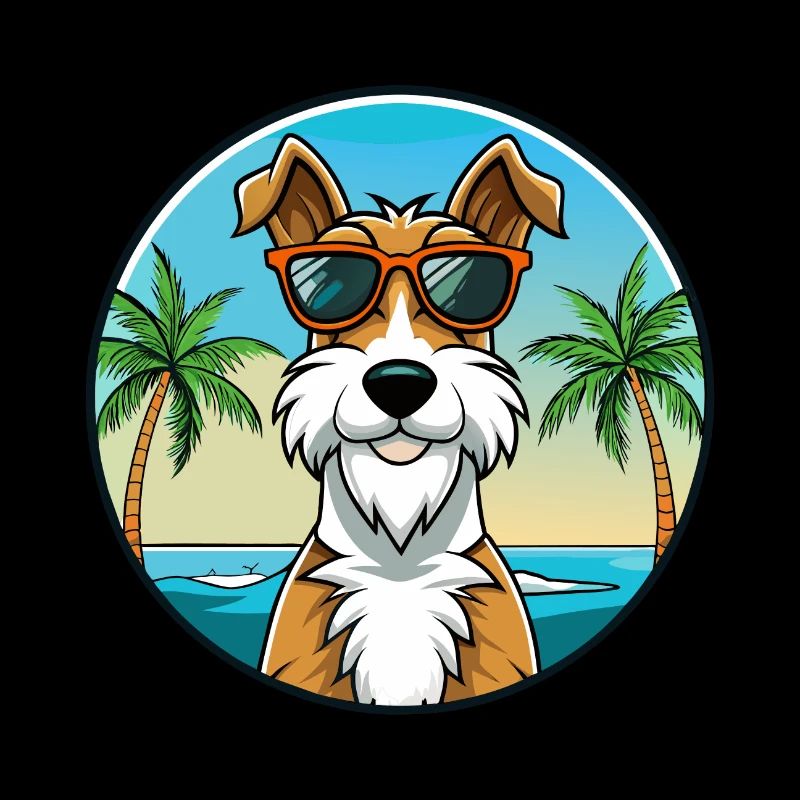 Wire Fox Terrier Dog Breed Cartoon Sunglass Beach