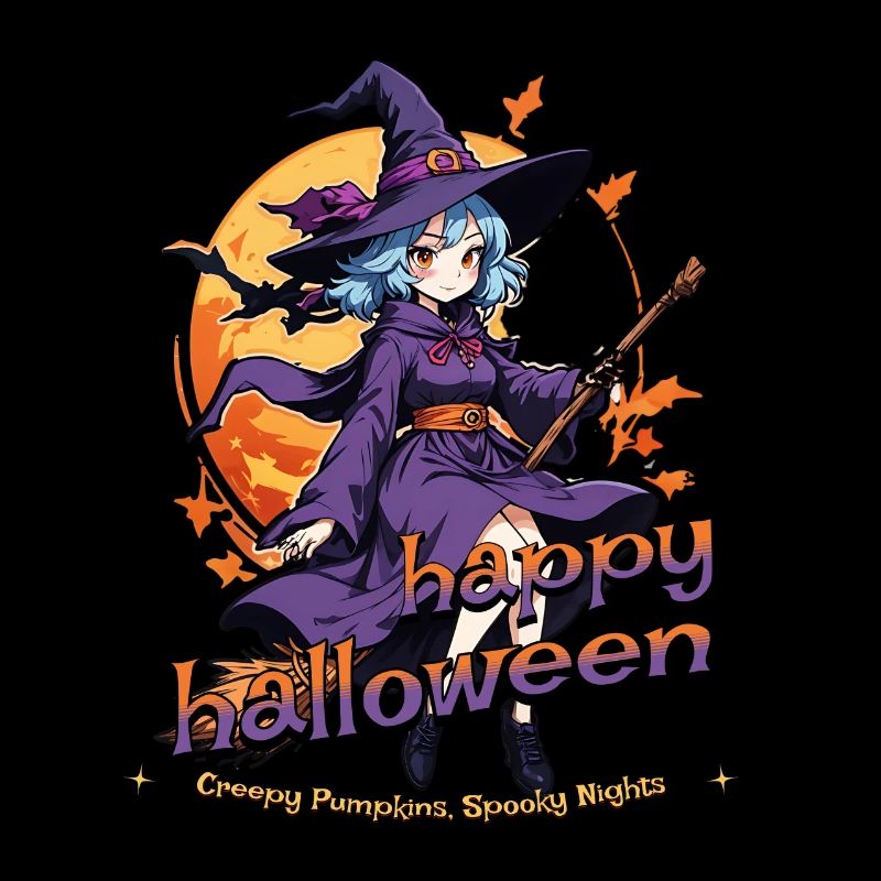 Cute witch with broom and bats