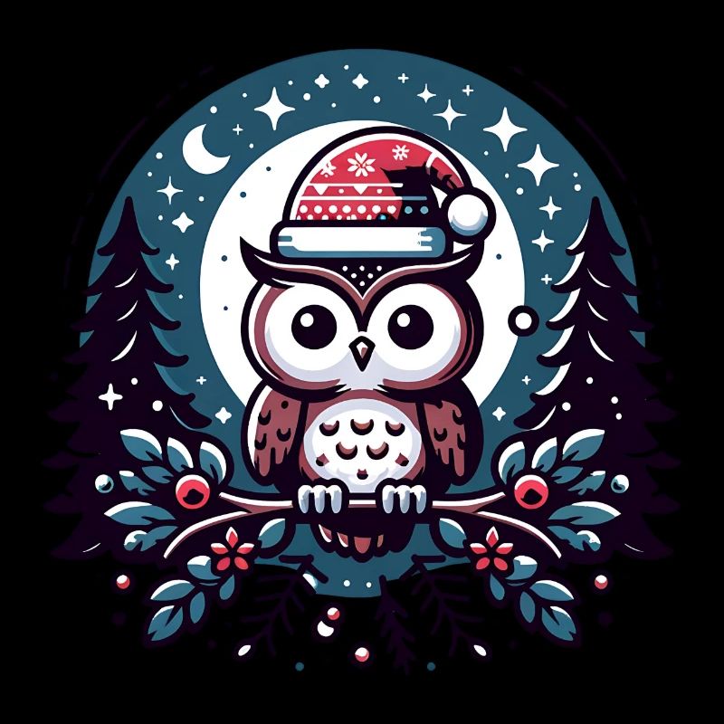 Cute owl with Santa hat sitting on a branch