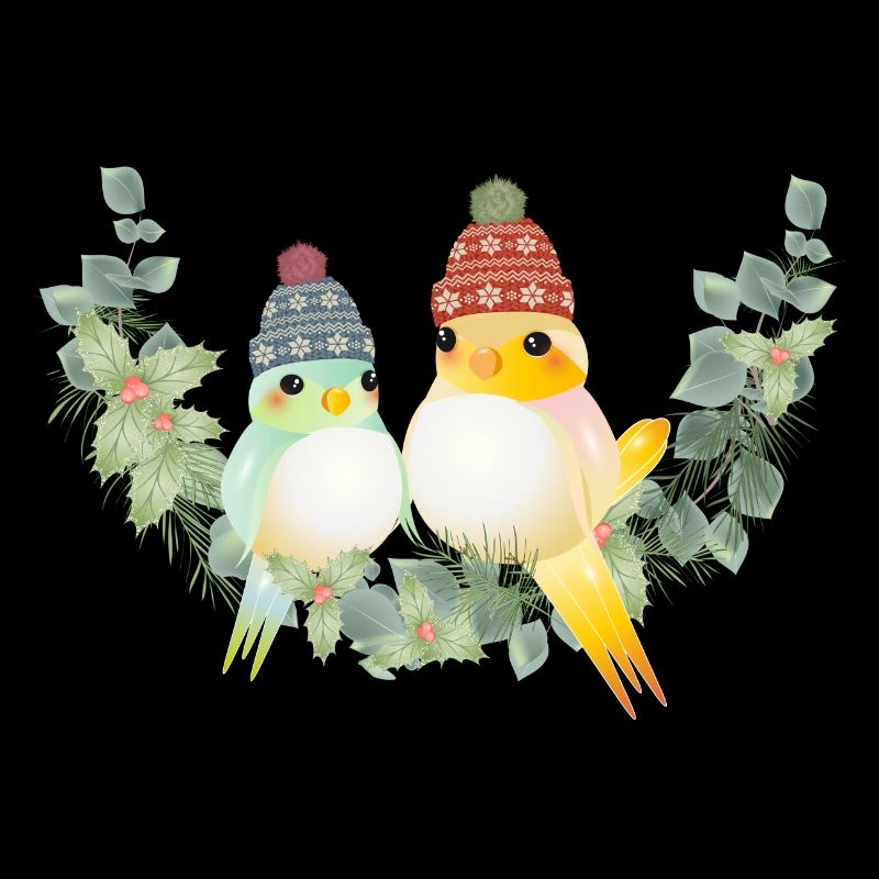 Two colorful birds with bobble hat for Christmas