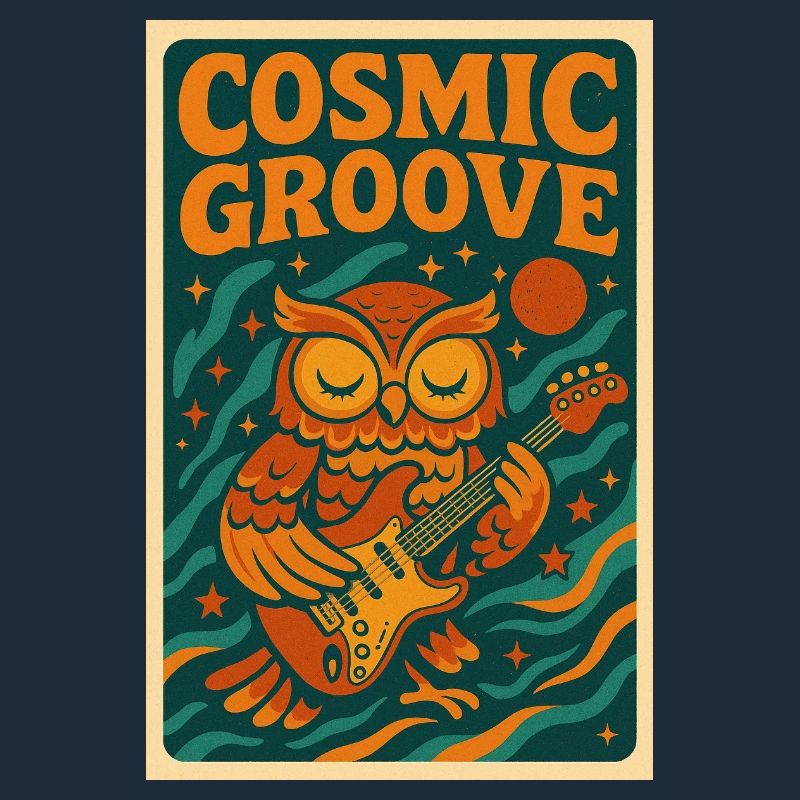 Psychedelisches Retro-Design mit Eule und Gitarre