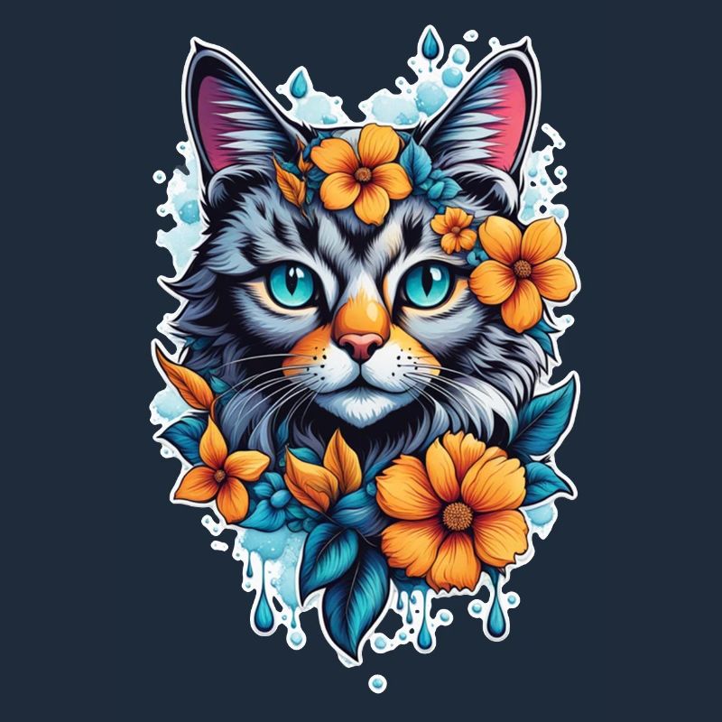 chat et fleur aquarelle