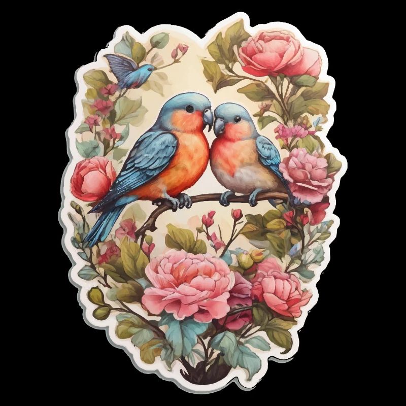 Two lovebirds sit on a heart-shaped ace