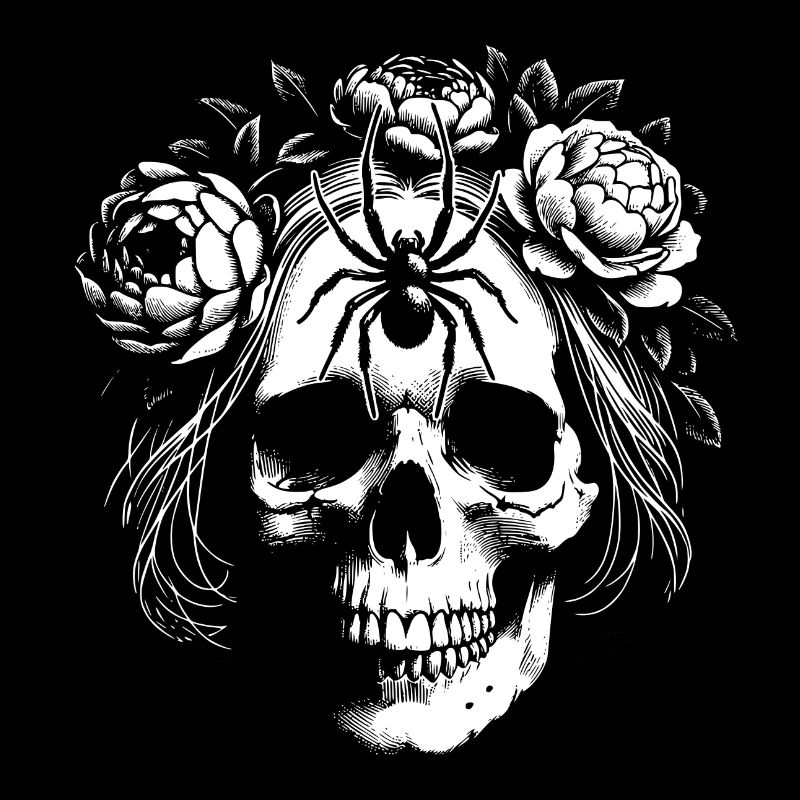 Crâne avec vrilles de fleurs et grande araignée