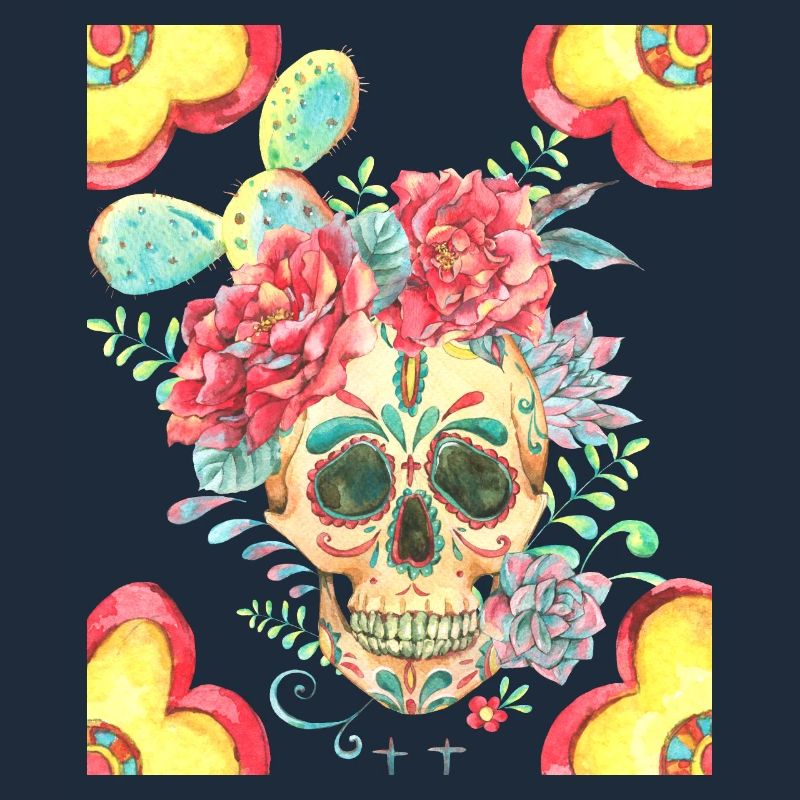 Crâne de sucre mexicain avec fleurs et cactus