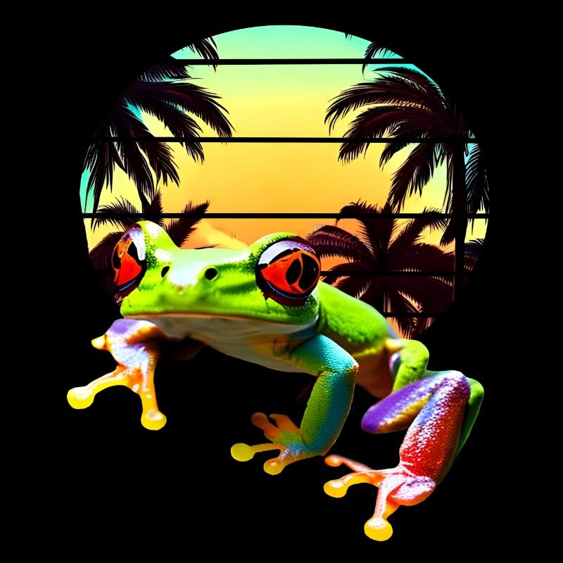Red-eyed tree frog with palm trees sunset