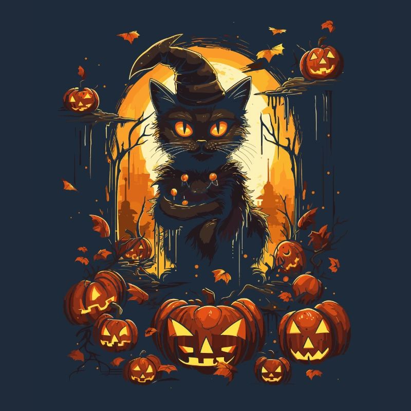Black witch cat with pumpkins and full moon