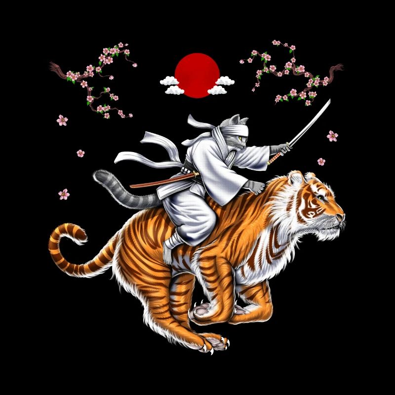 Japanese Cat Samurai Ninja Riding Tiger