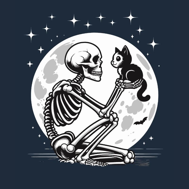 Halloween Skeleton Cat Full Moon Cute Funny