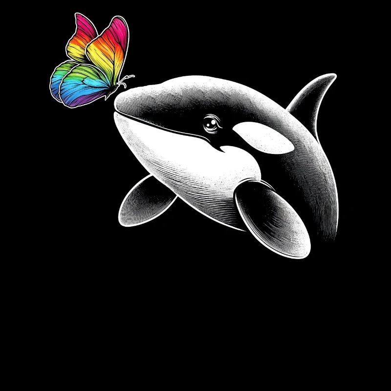 Orca Wal Schmetterlinge Tier Blumen Illustration