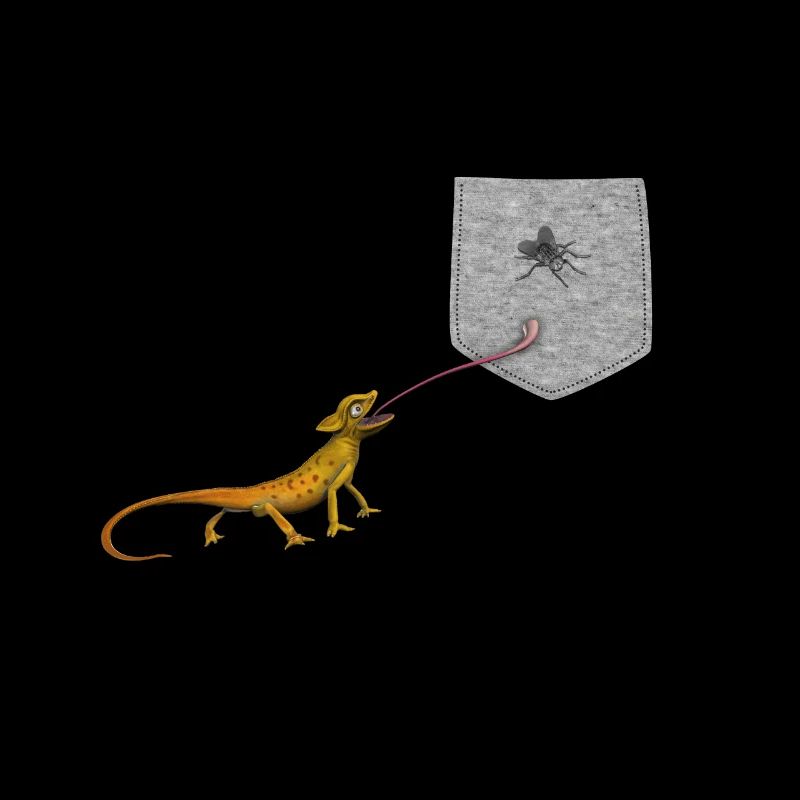 Eidechsenzunge, die nach der Fliege im falschen Taschenspaß greift