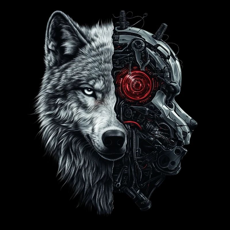 Lustiger Roboter Kunst Wolf Cyborg Tier AI Wolf