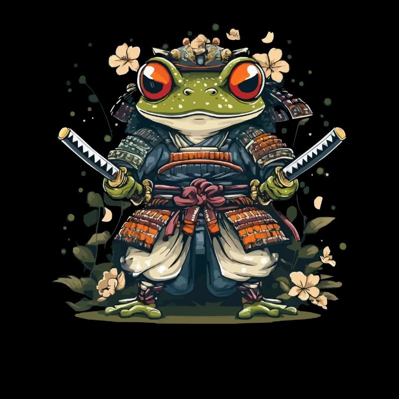 Samurai Frosch mit Schwertern und Blumen