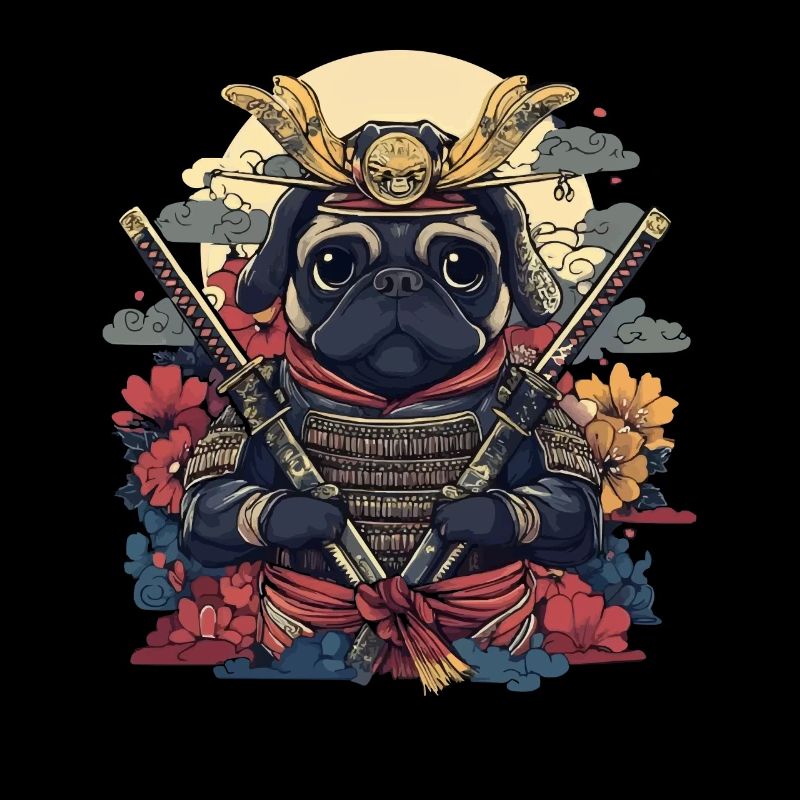 Samurai Pug Warrior with Swords and Flowers