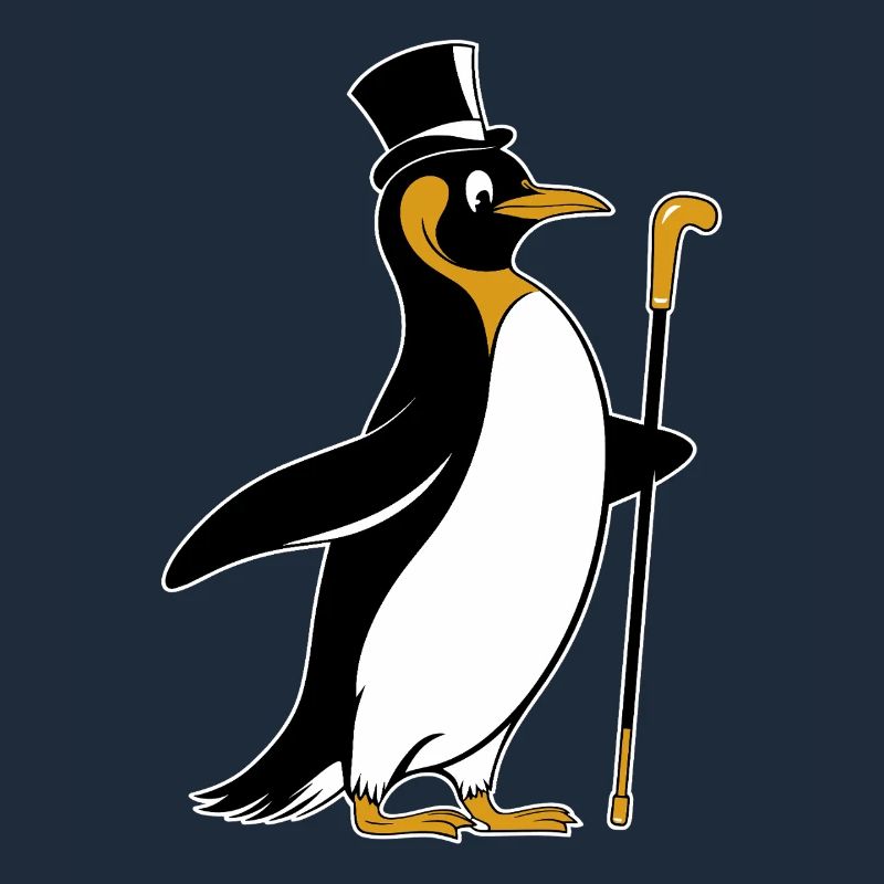 Pingouin élégant avec chapeau haut de forme et bâton de marche
