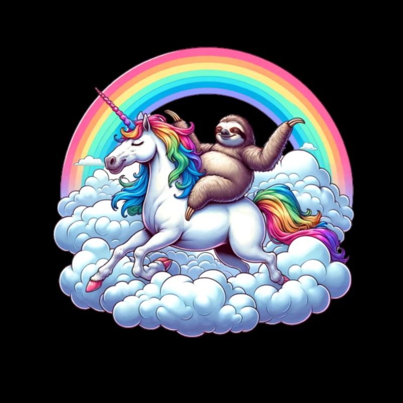 Sloth riding unicorn under rainbow clouds
