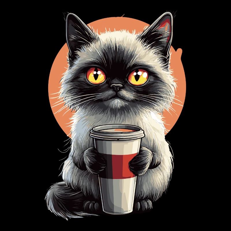 Fluffy cat with coffee mug and yellow eyes