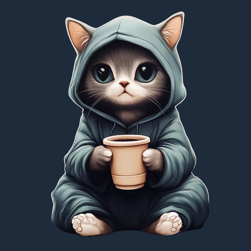 Mignon : Chat dans un sweat à capuche avec du café