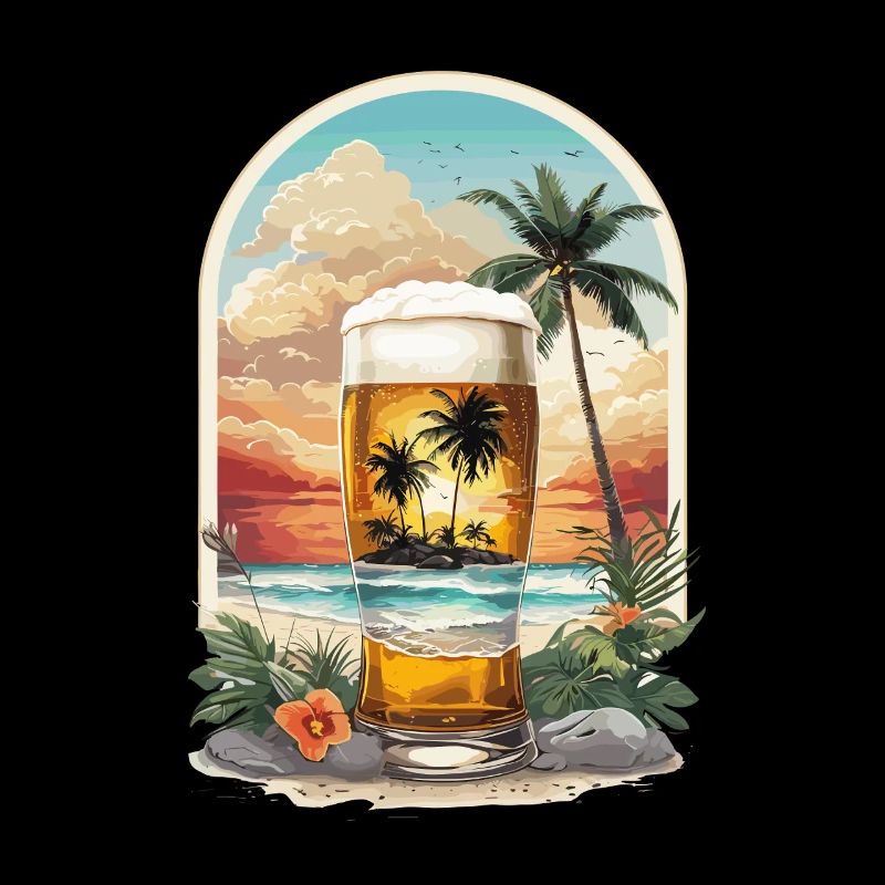 Tropical beach idyll with palm trees and beer