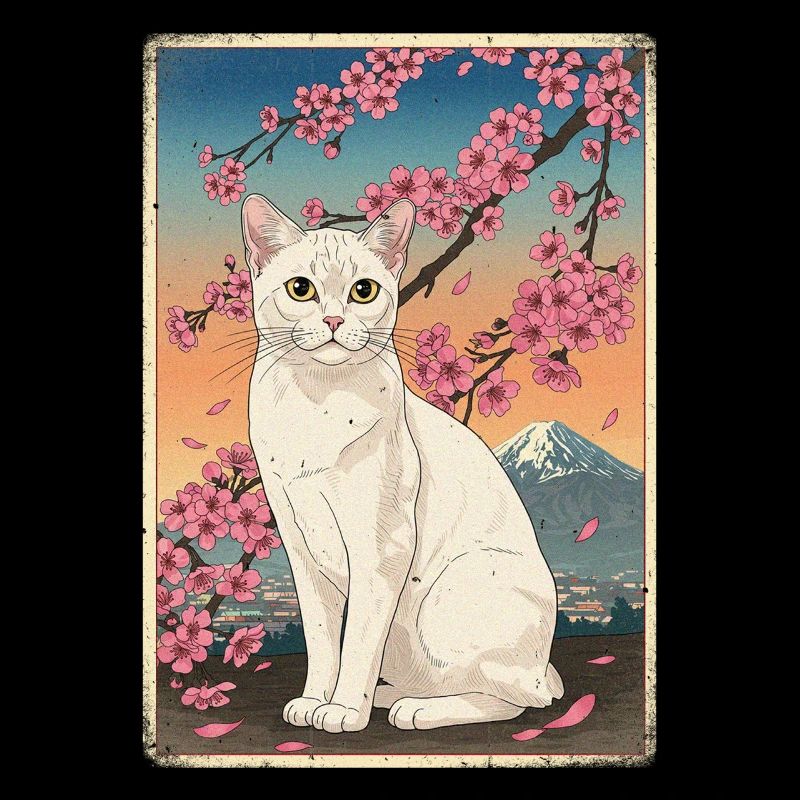 Chat blanc Mont Fuji Fleur de cerisier
