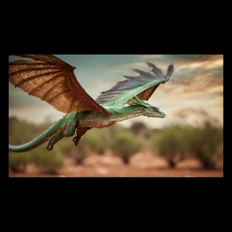 A realistic green orange dragon in the outback
