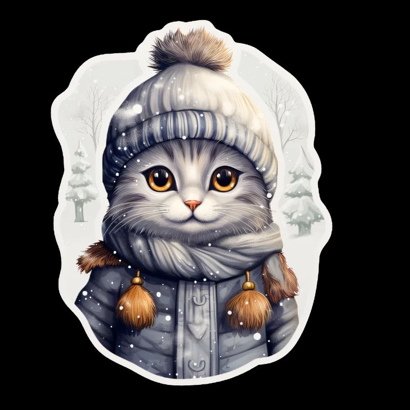 Cat with hat, scarf and jacket in the snow