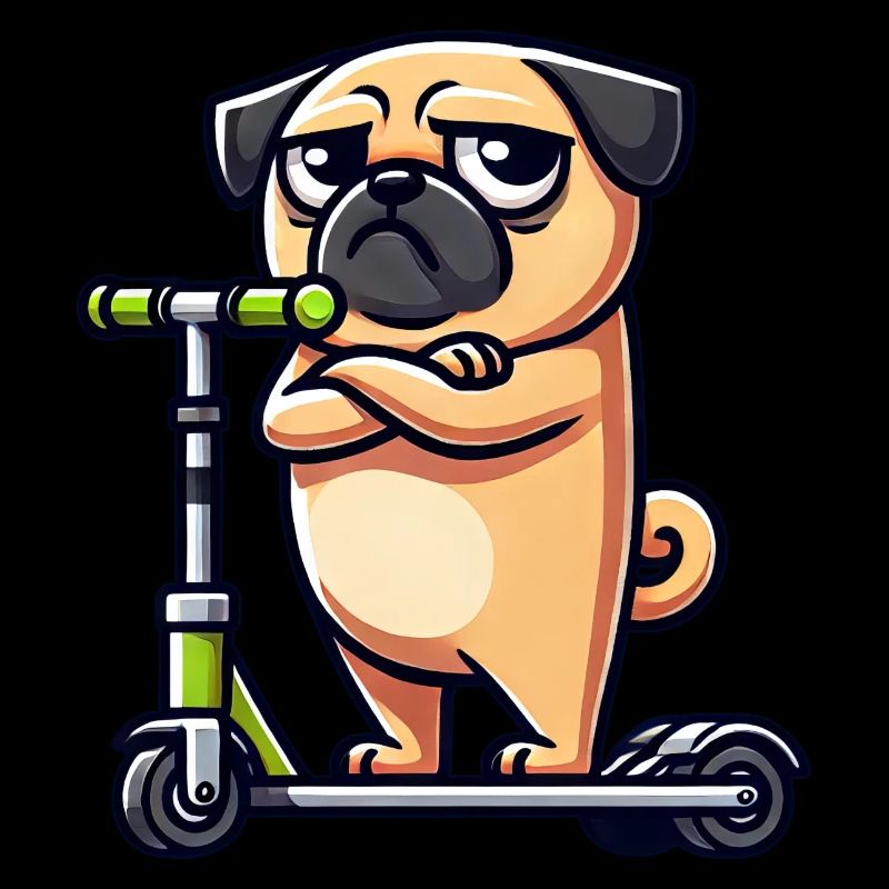 Hund Mops auf Roller Comic Cartoon