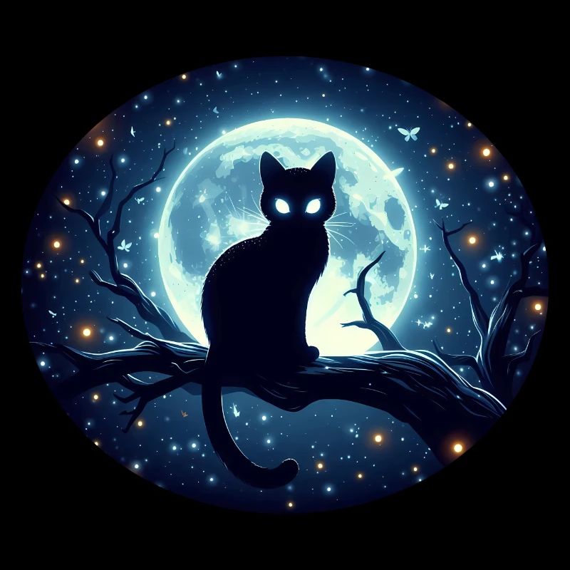 Katze sitzt bei Vollmond auf einem Ast