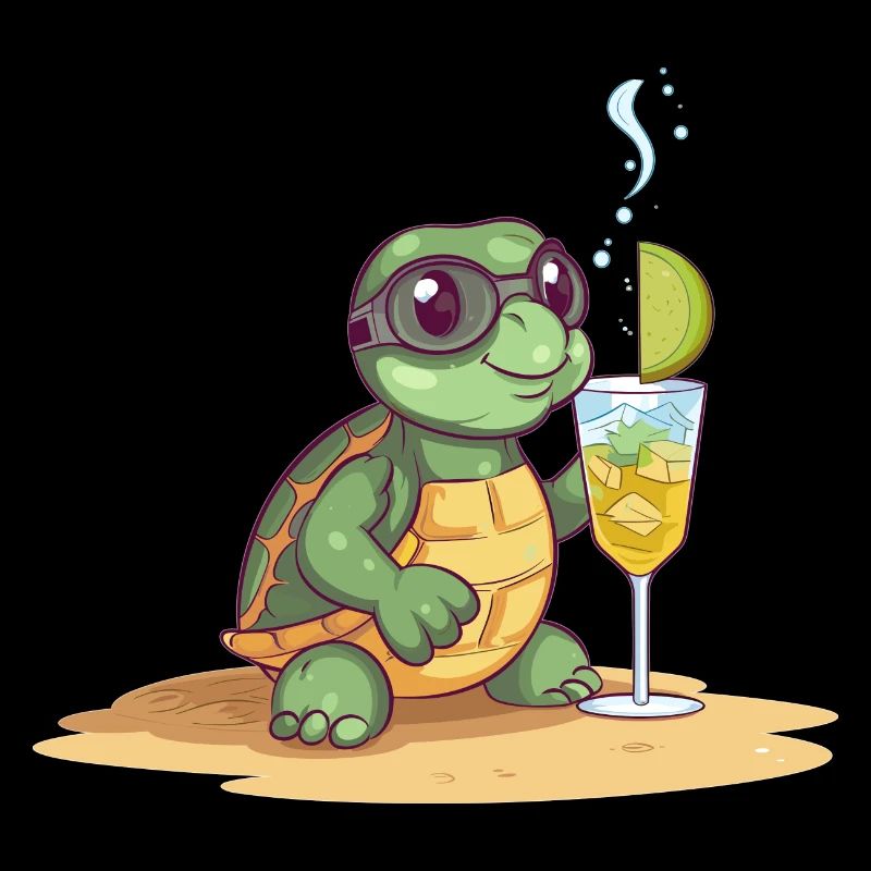Cute turtle on the beach with cocktail
