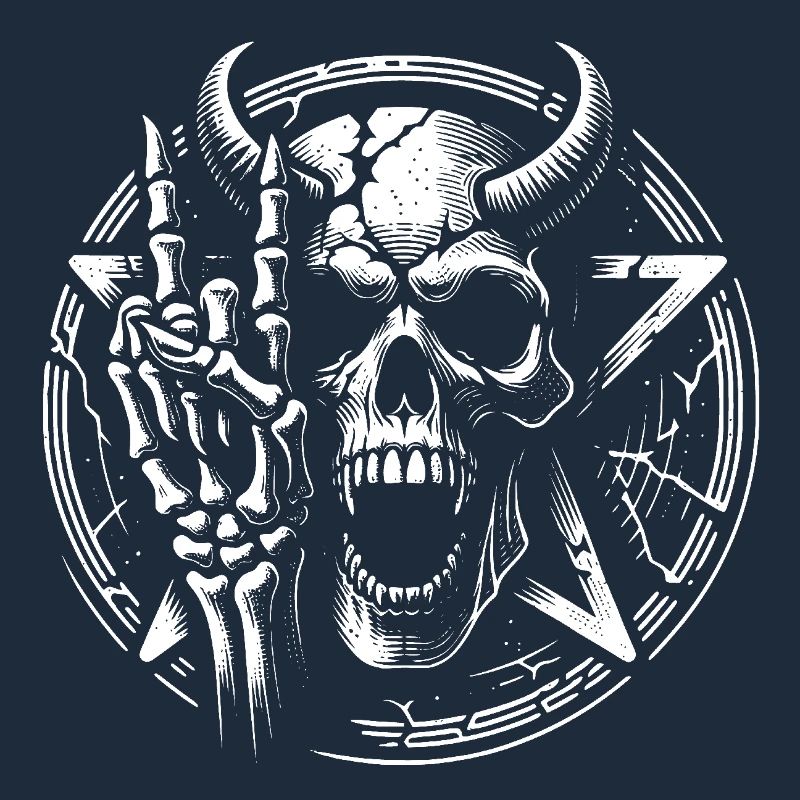 Skull with horns pentagram and devil horns