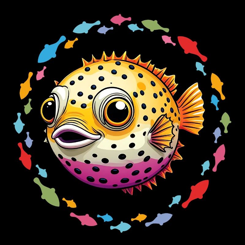 Poisson-globe heureux dans le cercle coloré de poissons
