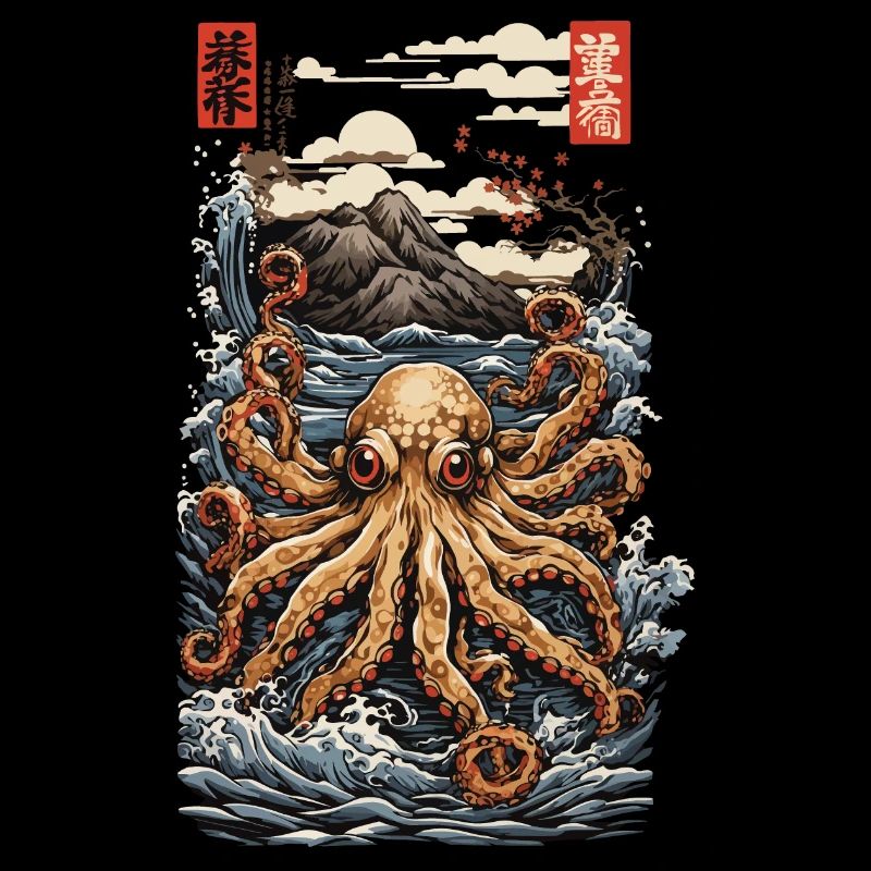 Japanischer Ukiyo-E Kraken Ästhetik Stil mit Kanji