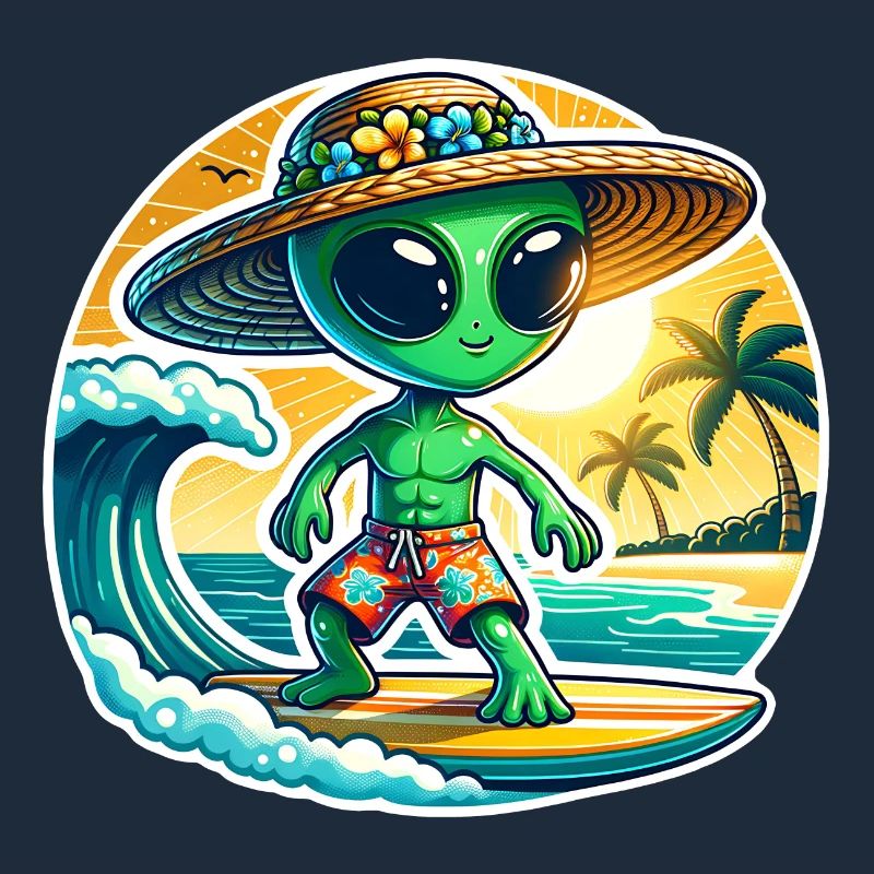 Funny little alien on surfboard