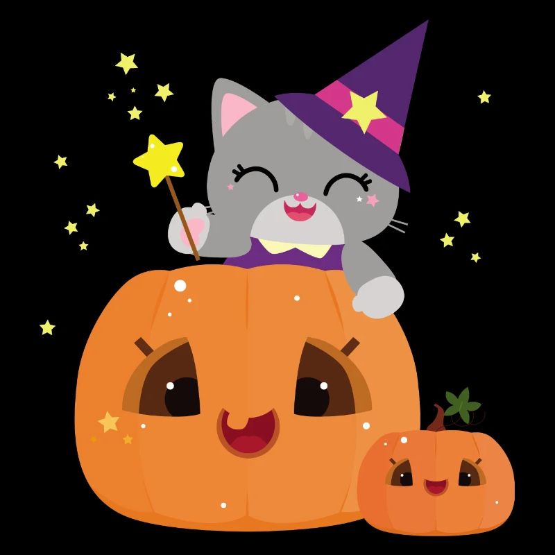 Mignon chat sorcière citrouille d’Halloween - kawaii