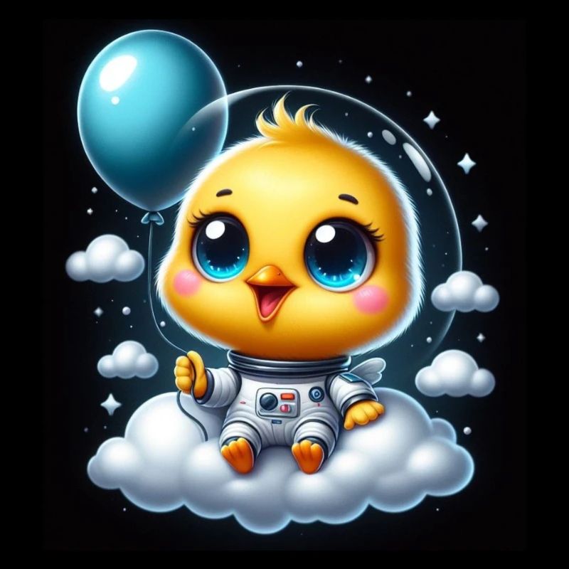 poussin de l’espace avec ballon sur nuage en combinaison spatiale