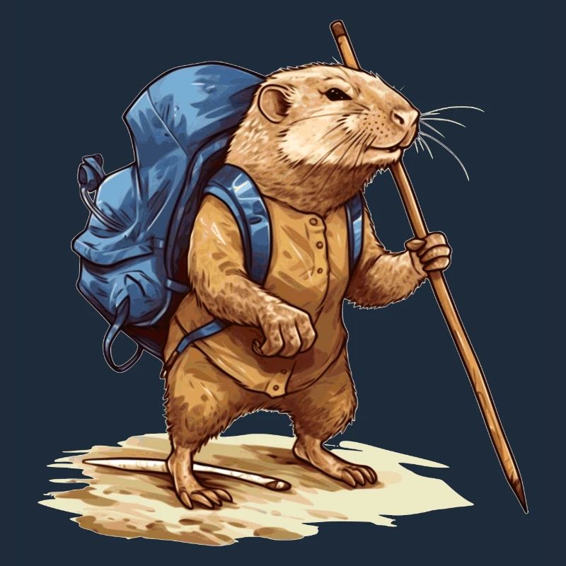 Mole rat with backpack and walking stick