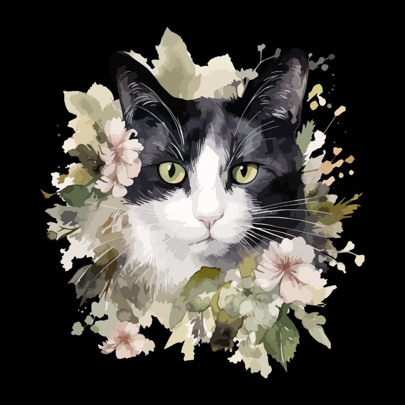 Noir Blanc Chat Fleurs Aquarelle Art Coloré