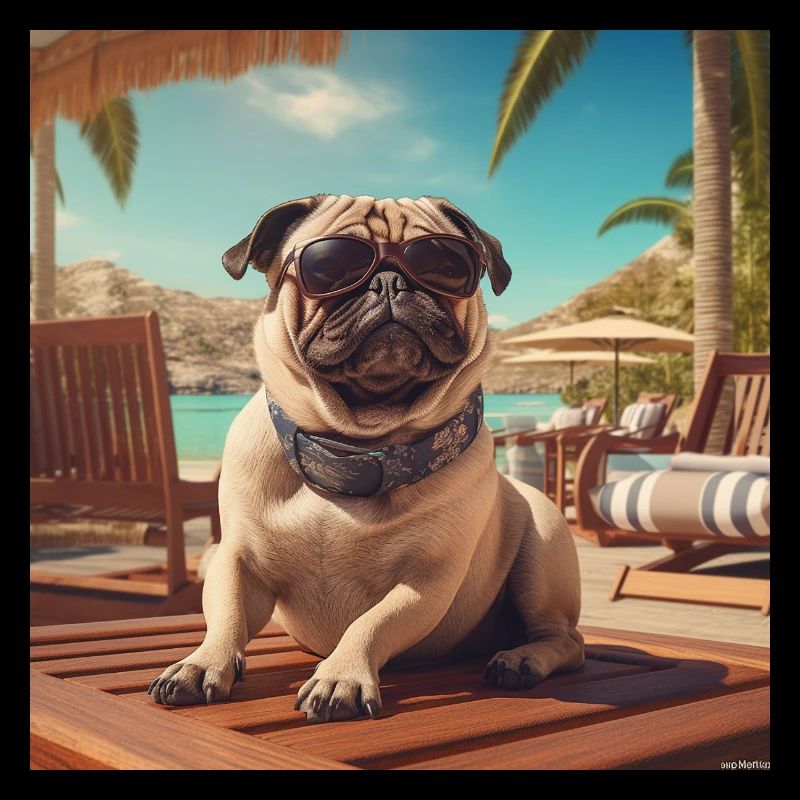 Carlin avec lunettes de soleil en vacances à la plage