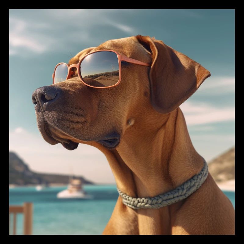 Rhodesian Ridgeback mit Sonnenbrille im Urlaub