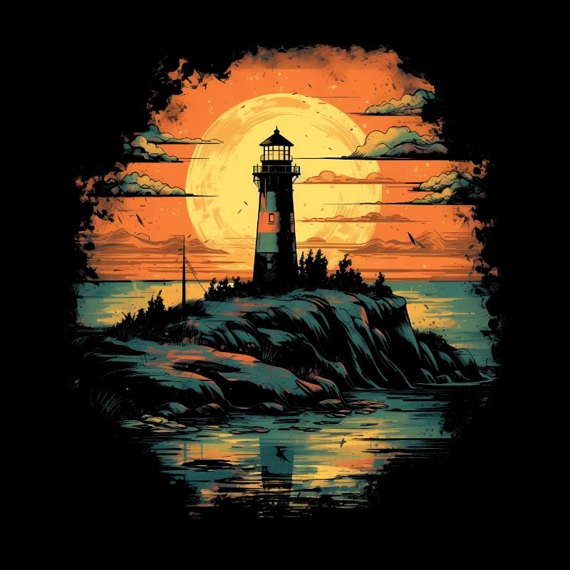 Phare devant le coucher du soleil dans la mer