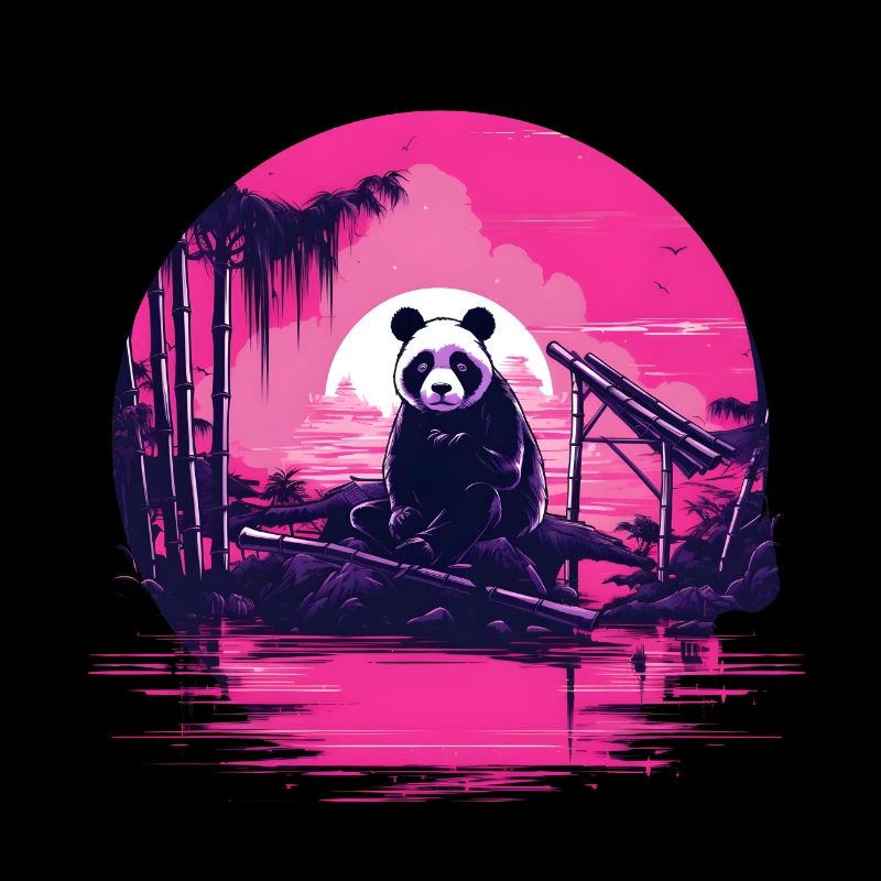 Synthwave Panda Japon Coucher de soleil