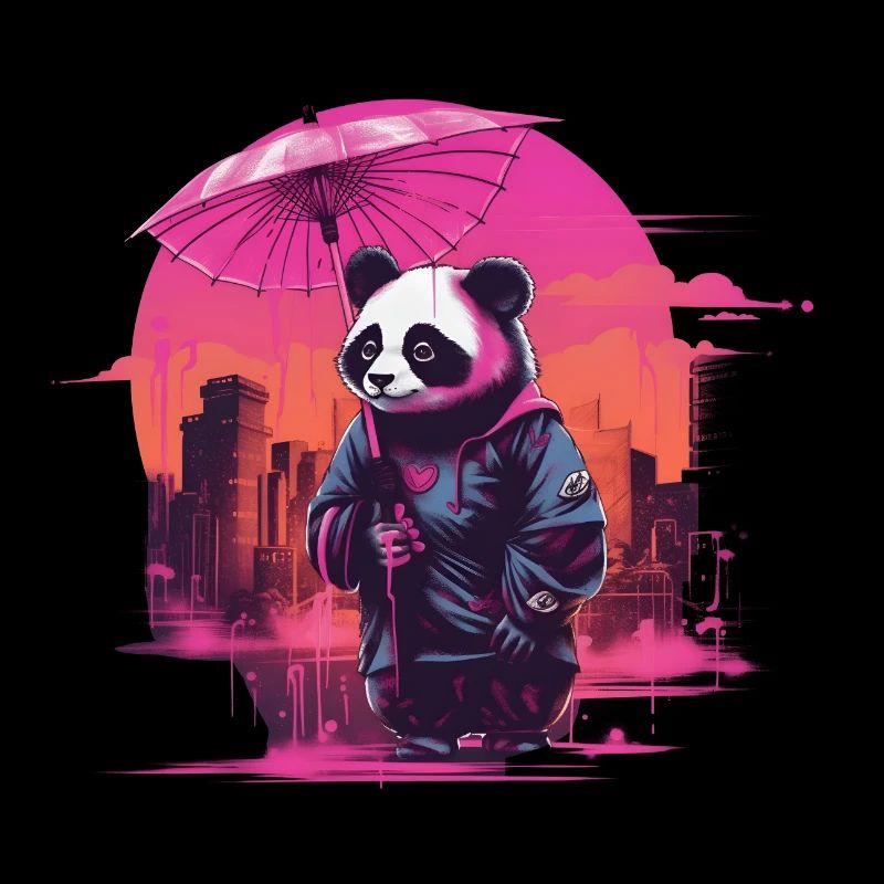 Synthwave Cute Asian Panda with umbrella