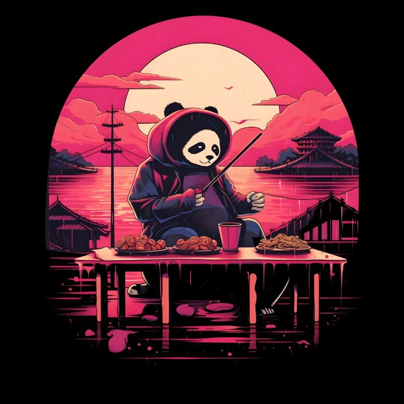 Synthwave mangeant Panda Japon Coucher de soleil