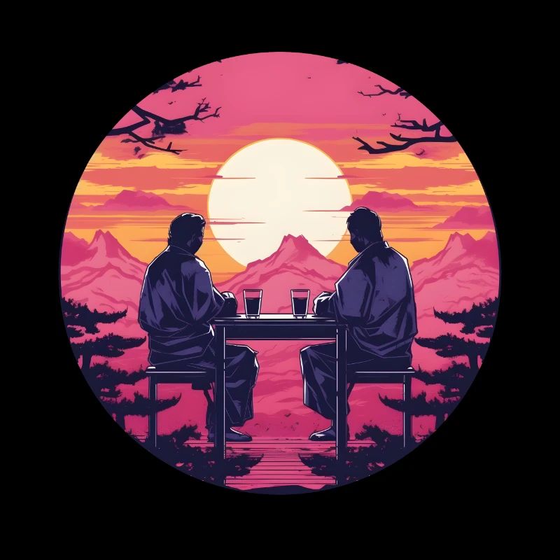 Synthwave japon hommes traditionnels boivent ensemble