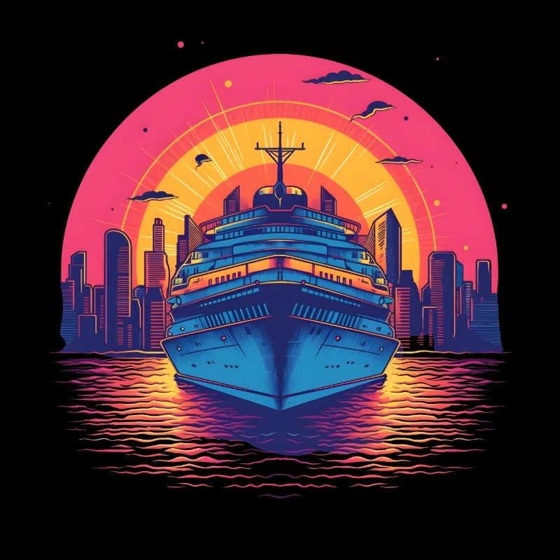 Coucher de soleil sur le bateau de croisière Synthwave