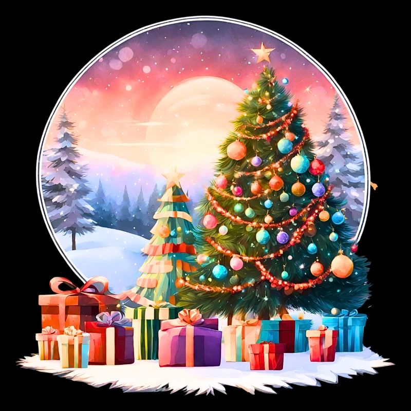 Schöner Weihnachtsbaum vor dem Hintergrund der untergehenden Sonne