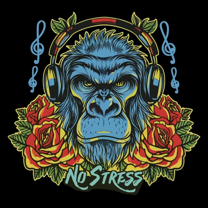 Gorilla mit Kopfhörer Lustiger Spruch NO STRESS