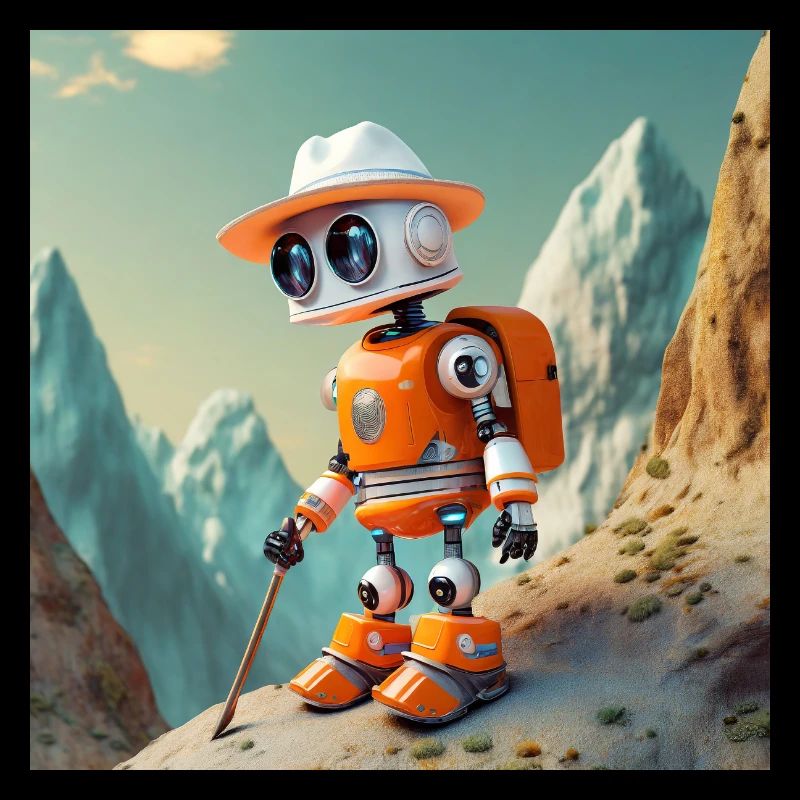 cute little orange vintage robot is rockclimbing