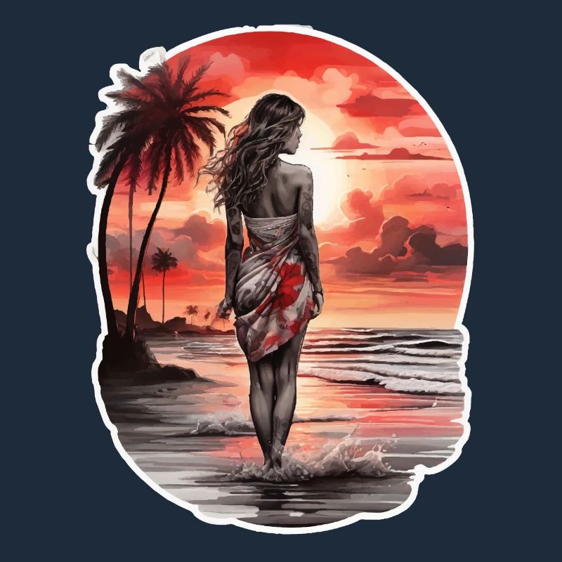 Frau am Strand mit Blick auf den roten Sonnenunter