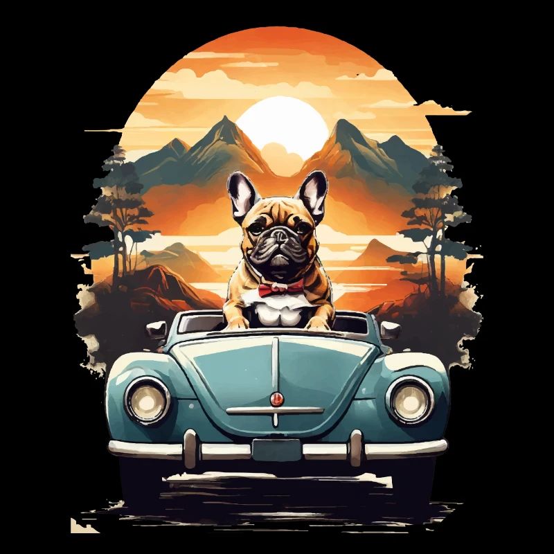 Bouledogue français dans une voiture ancienne